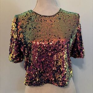 Hera Collection Celebrity Fashion Multi Color Sequin Crop Top Shirt Large